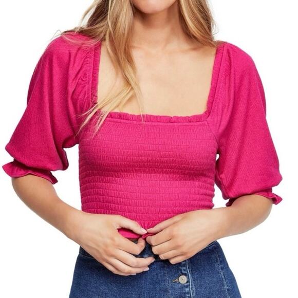 Free People Brencye Pink Jungle Flower Smocked Square Neck Crop Top Size Small - Picture 13 of 13